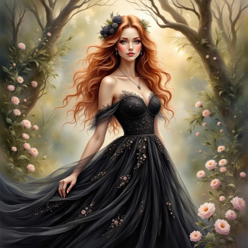 Elegant Redhead in Garden, Anime Style