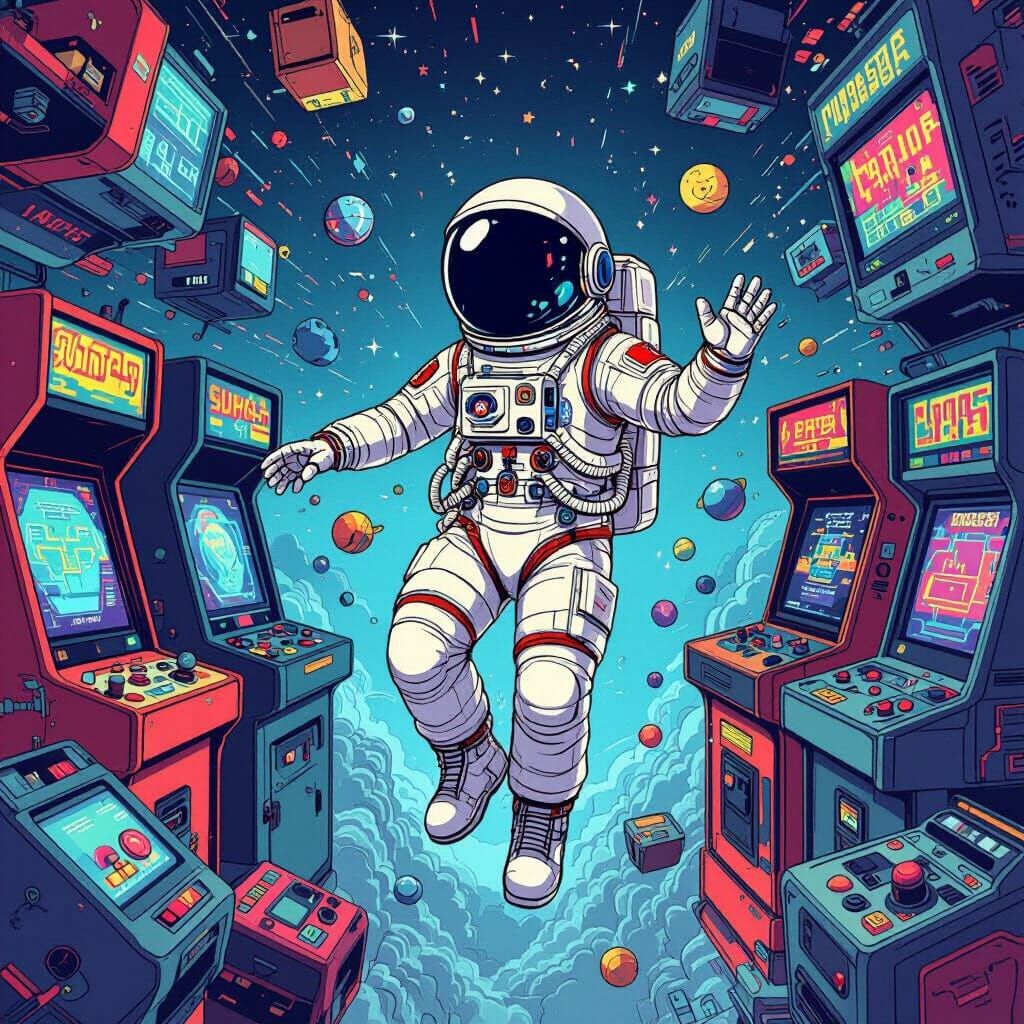 Astronaut Among Retro Arcade Games in 16-bit Style