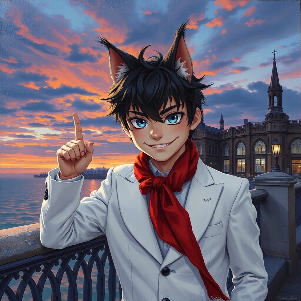 Kemonomimi Man Waves at Sunset: Impasto Acrylic