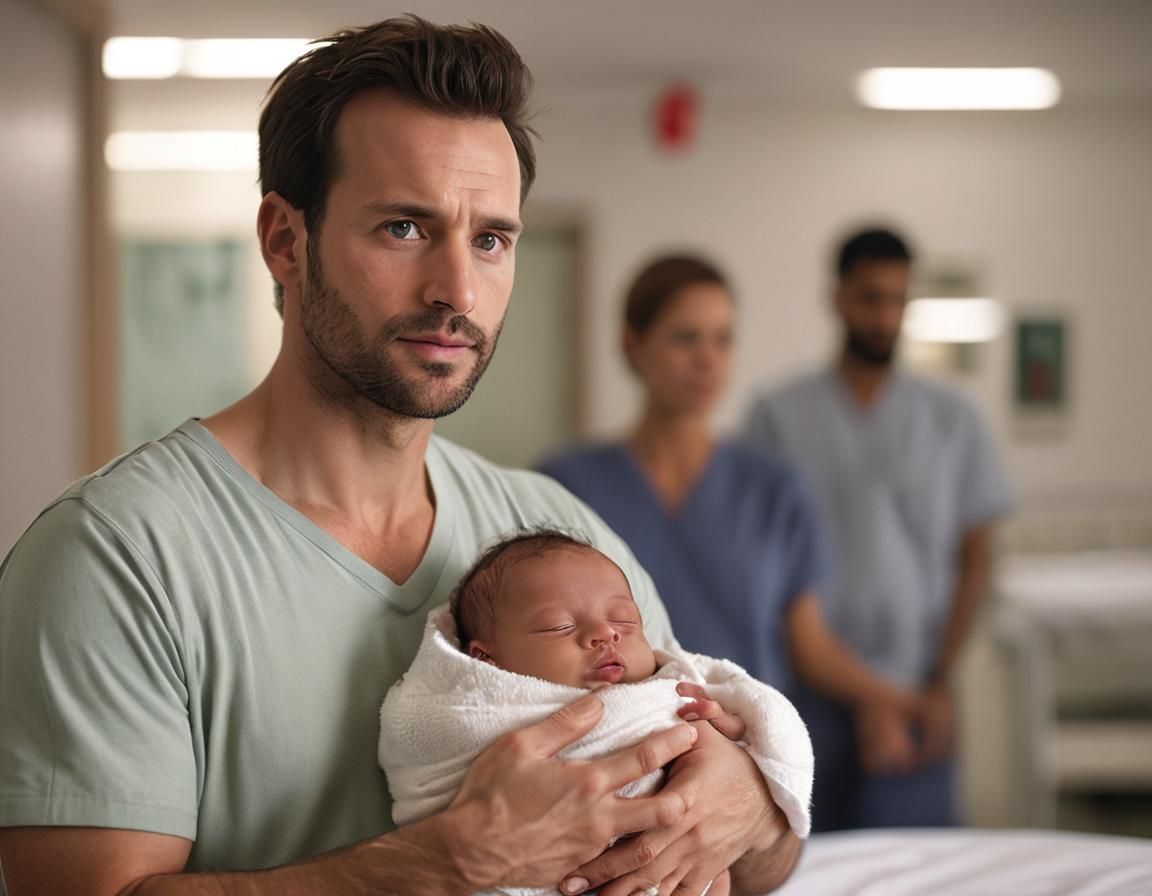 Emotional New Father Holding Newborn Baby Photo