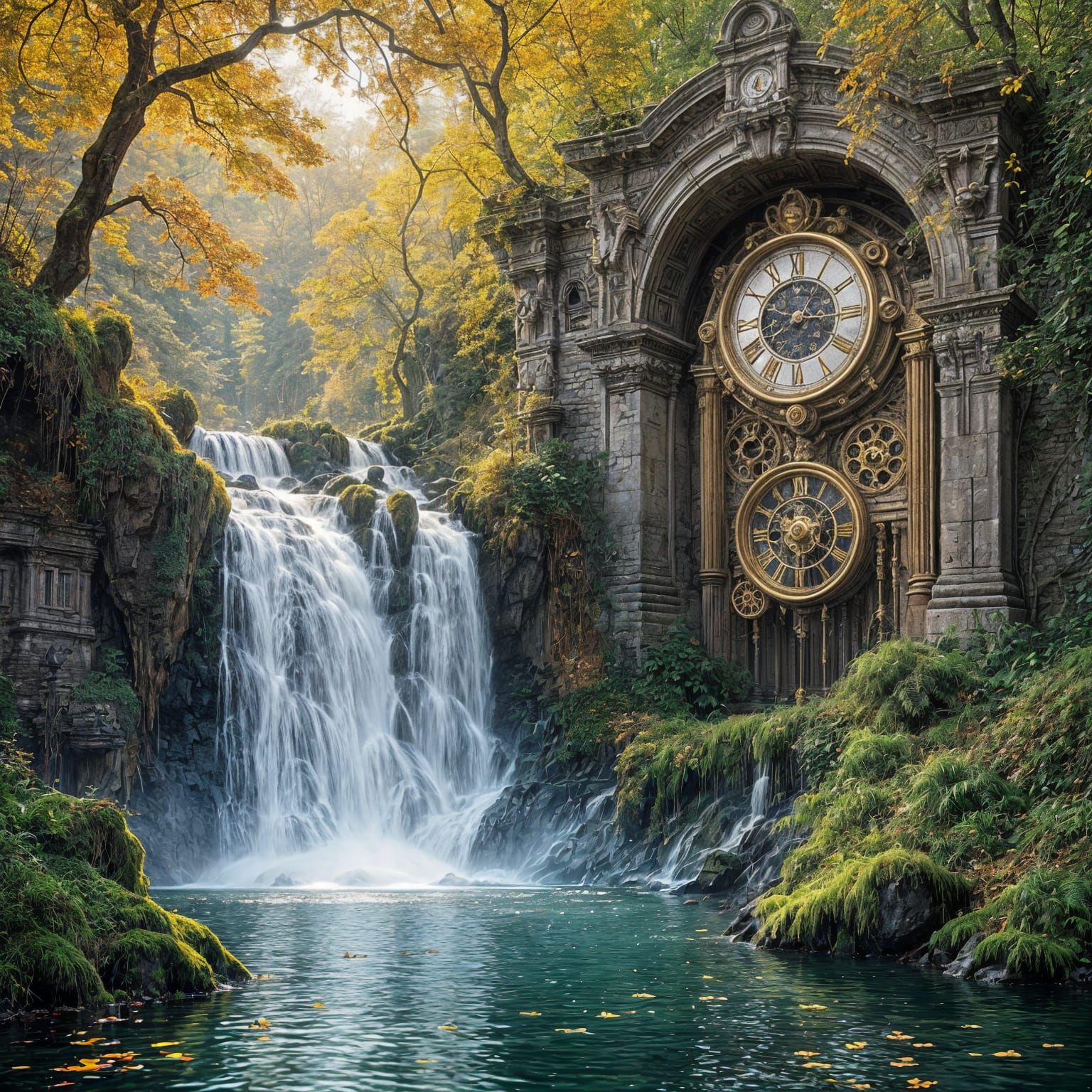 Art Nouveau Waterfall Over Ruins with Clock Face