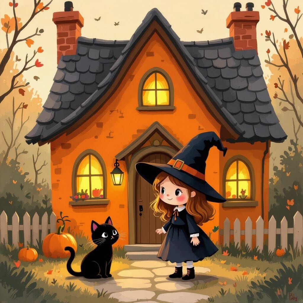 Witch and Cat Outside Orange House in Fairy Tale Style