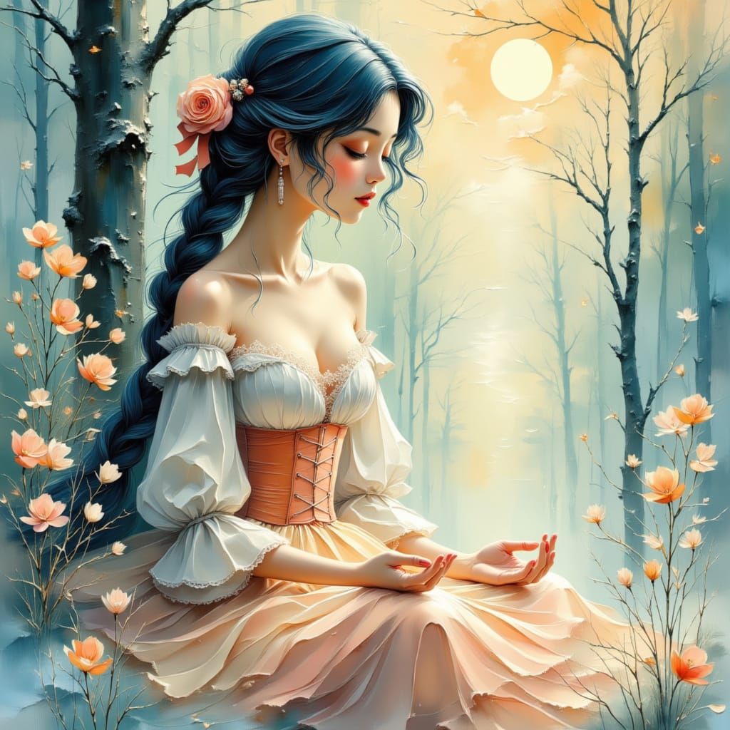 Anime Woman Meditating in Sun-Dappled Winter Woods