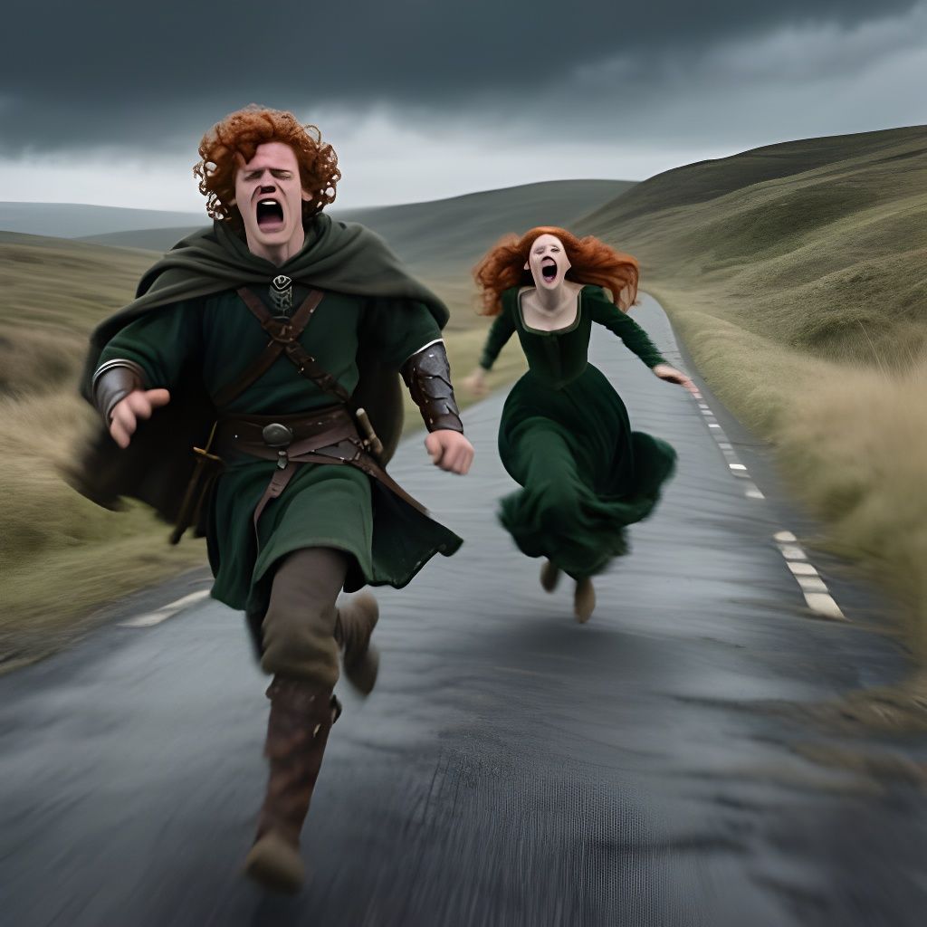Medieval Figures Flee in Terror Down Desolate Road