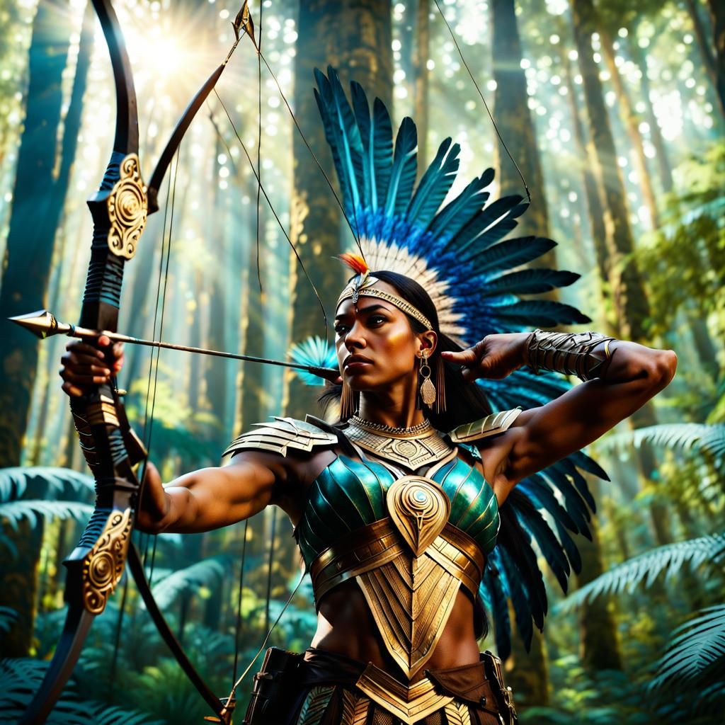 Indigenous Warrior with Alien Bow in Bronzepunk Style