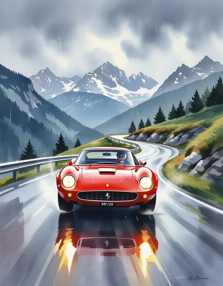 Watercolor Painting of a Retro Italian Sports Car on Mountai...