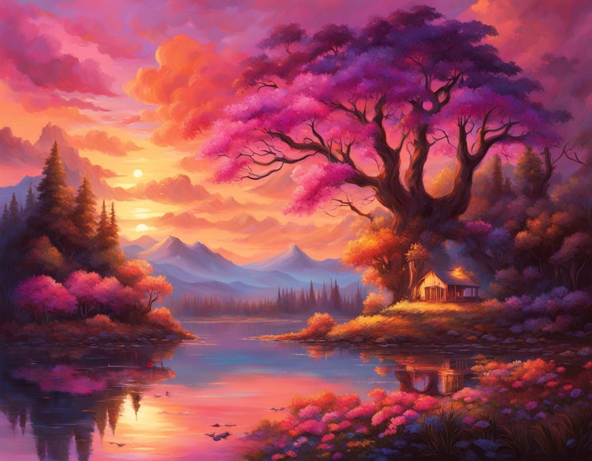 Radiant Fantasy Lakeside Sunset in Painterly Style