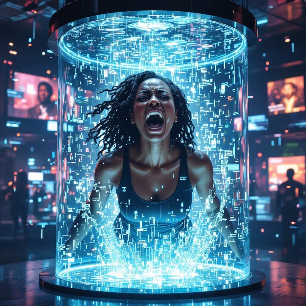Hologram of Black Woman Screaming in Digital Data Tank