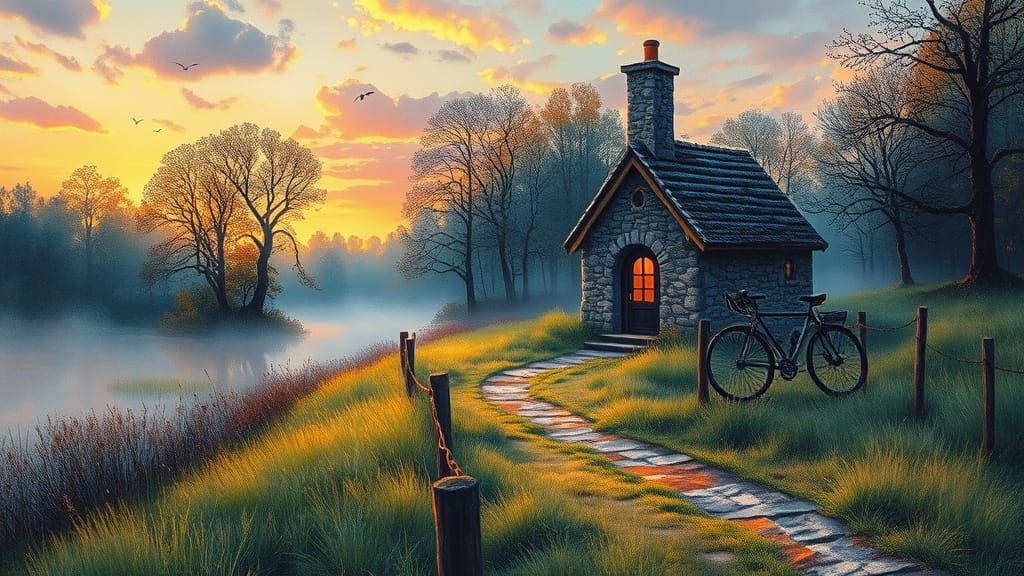 Whimsical Stone Cabin at Sunset in a Luminous Wetland Forest