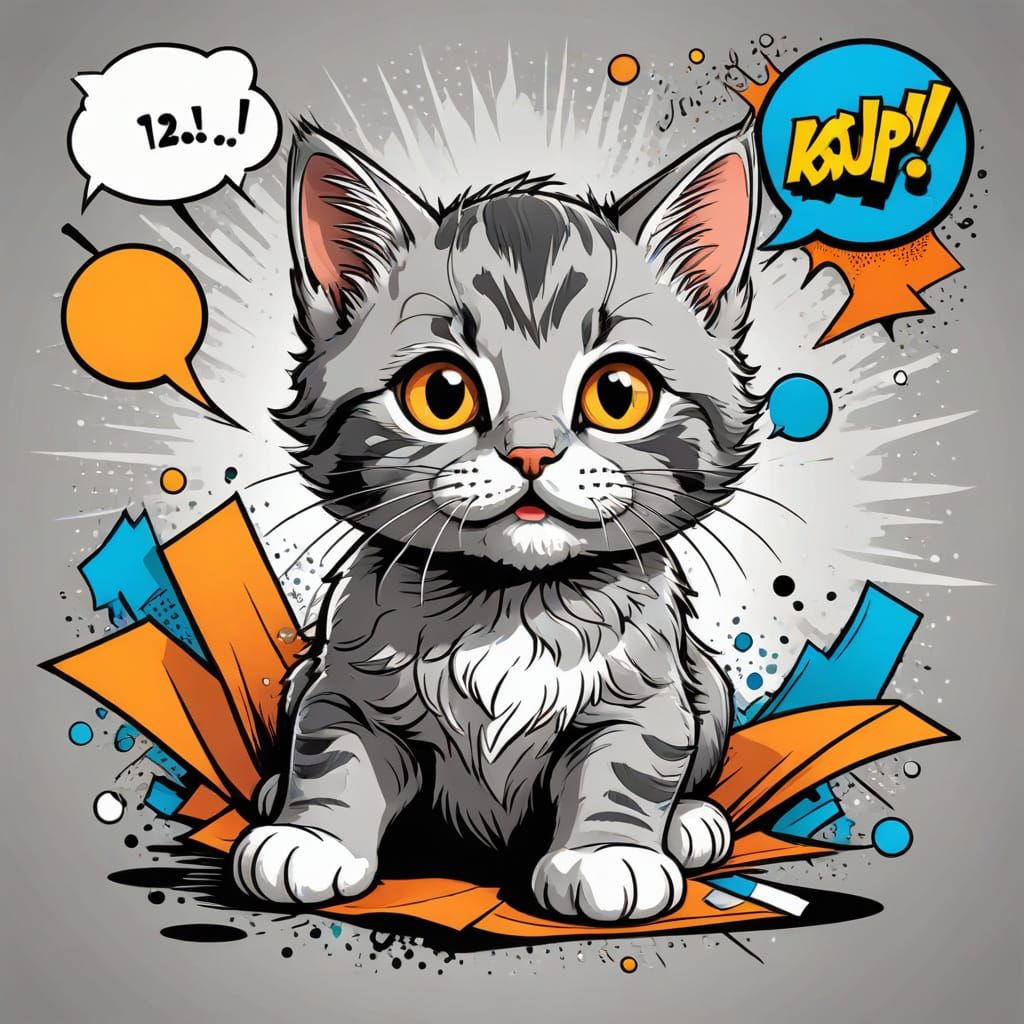 Whimsical Kitten Built from City Blocks in Comic Book Style