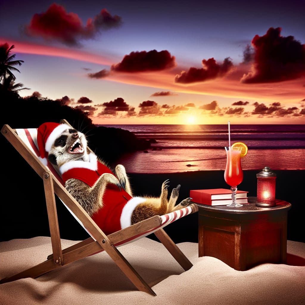 Santa Meerkat on Tropical Beach at Sunset