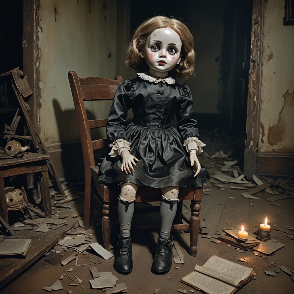 Eerie Doll in Gothic Mirror Scene as Oil Painting