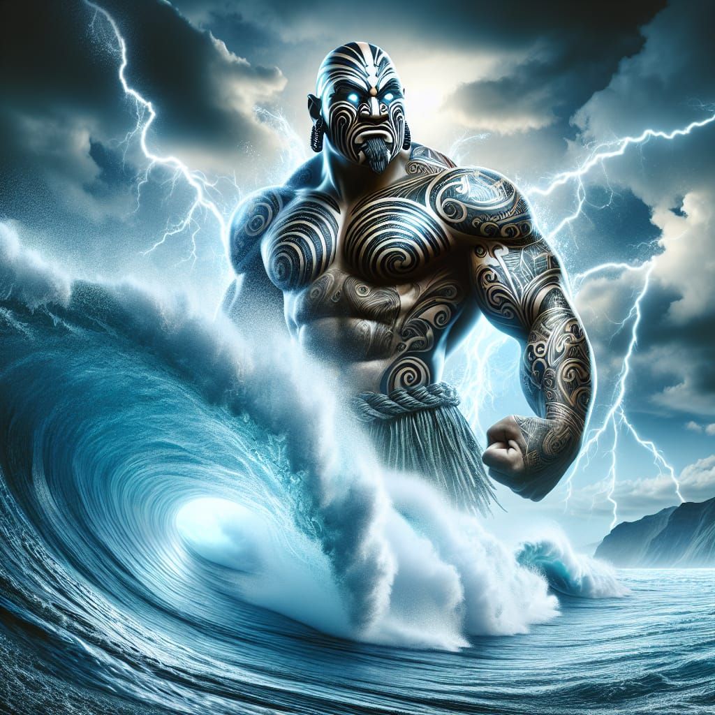 Maori God Emerges from Wave with Lightning