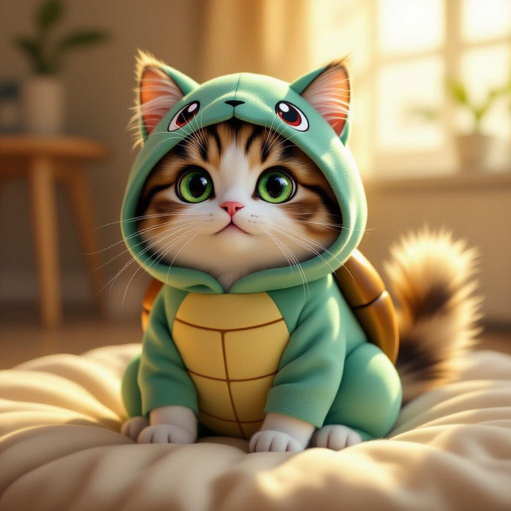 Fluffy Calico Cat in Squirtle Costume