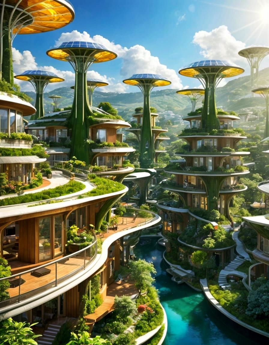 solarpunk settlement, solarpunk-inspired, nature and tech