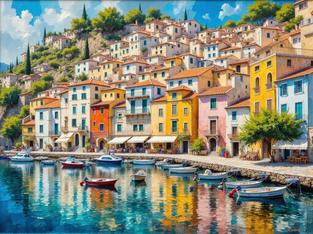 Mediterranean Coastal Town in Impasto Oil Painting Style