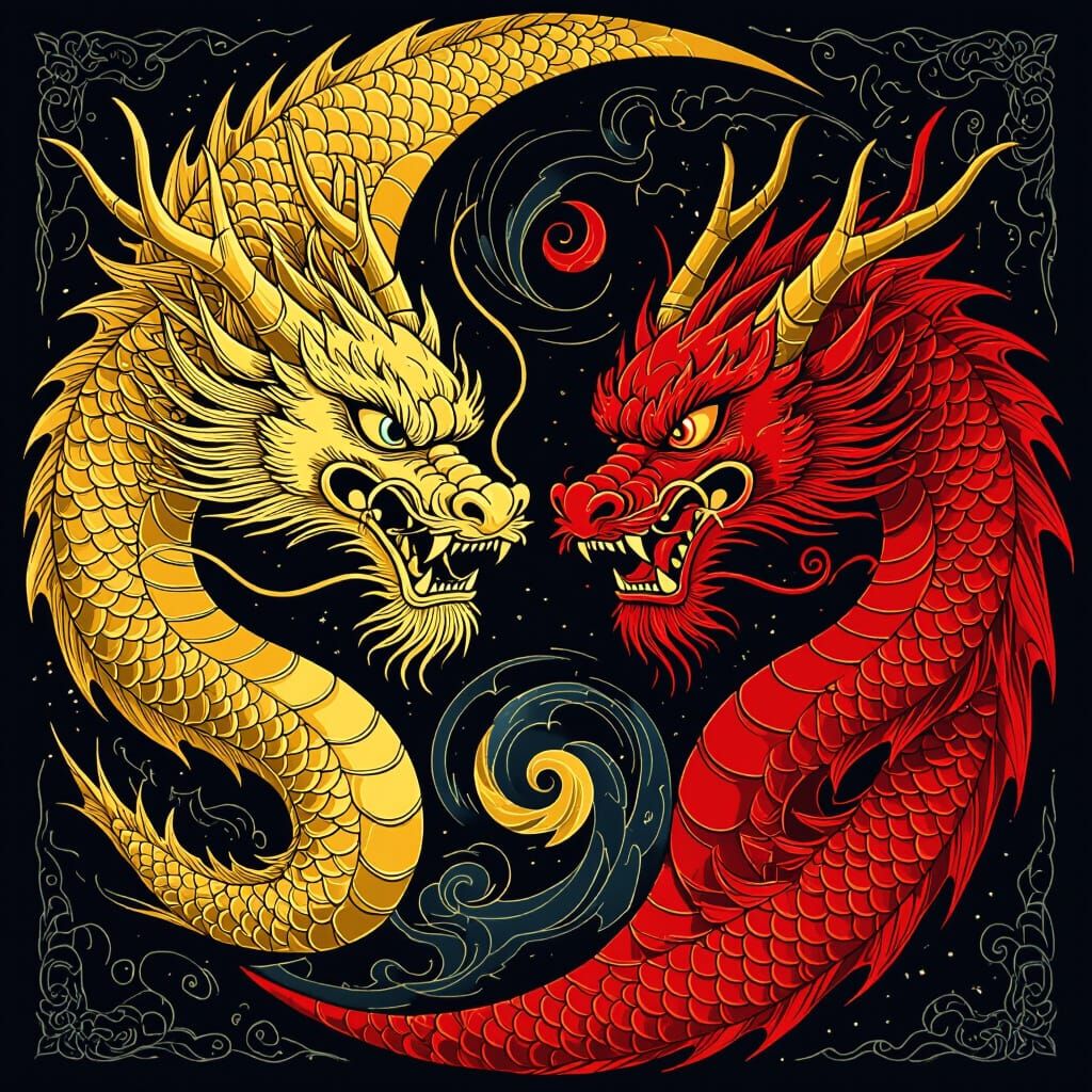 Golden and Red Dragon Yin Yang Symbol