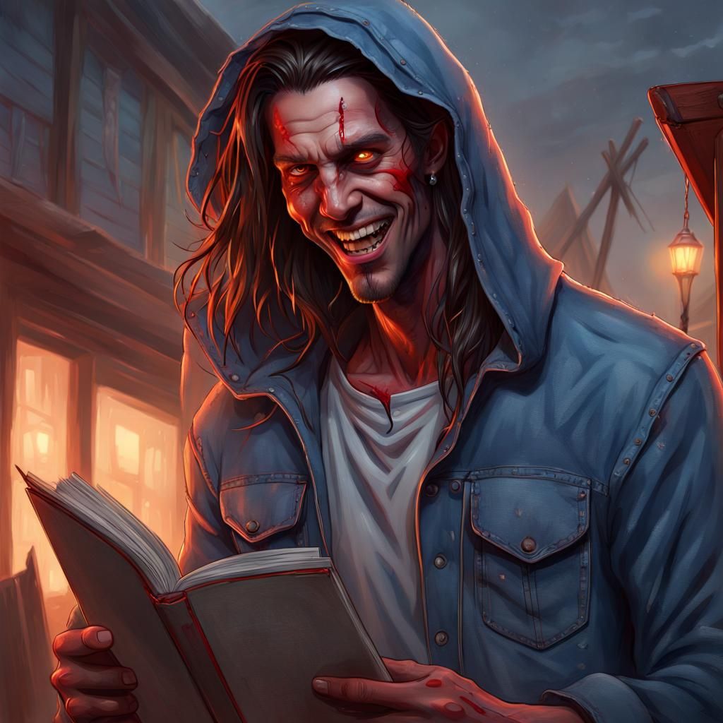 Man Reading a Book with Glowing Red Eyes