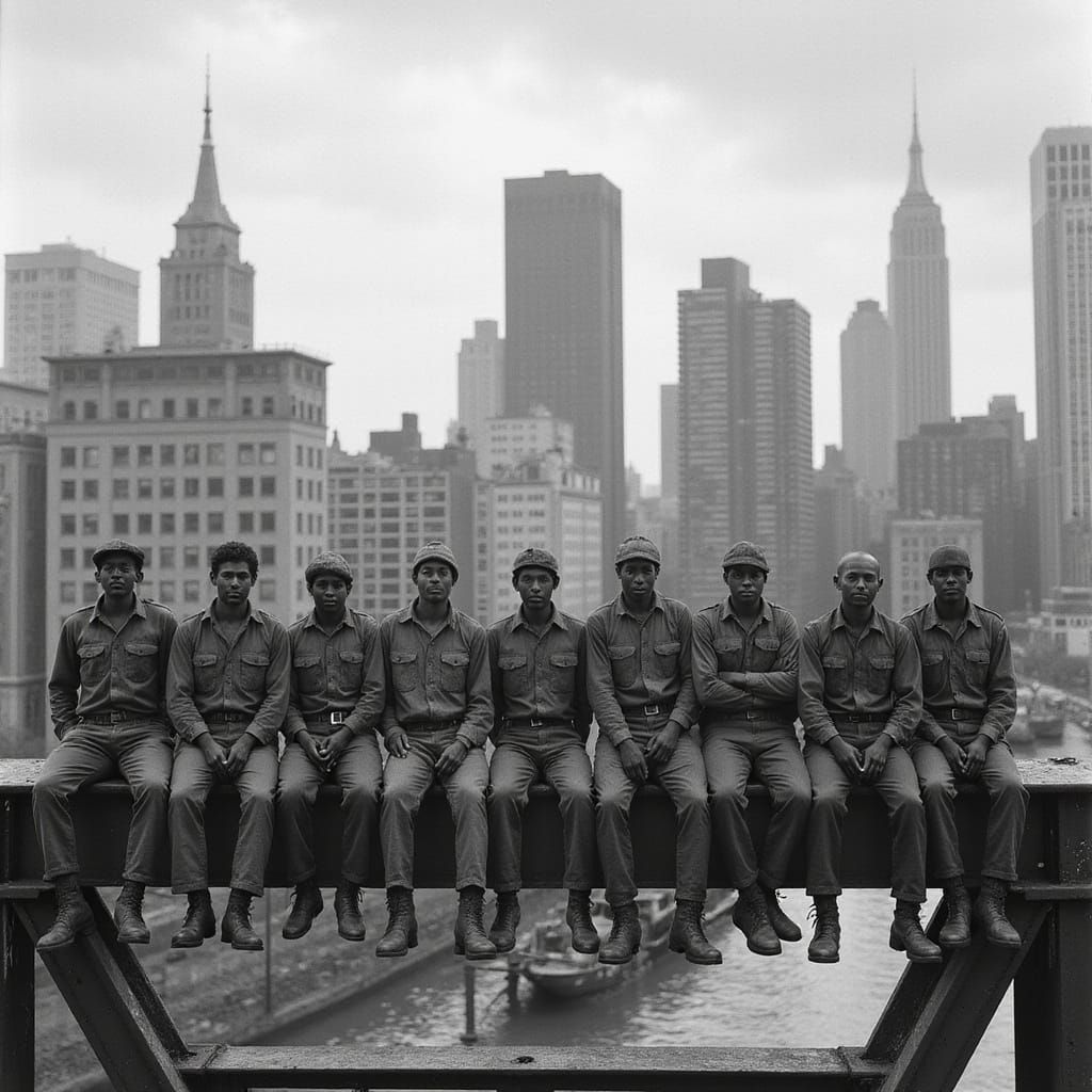 recreate the famous photograph Lunch atop a Skyscraper in crisp black and white, best quality, atmospheric, a masterpiec...