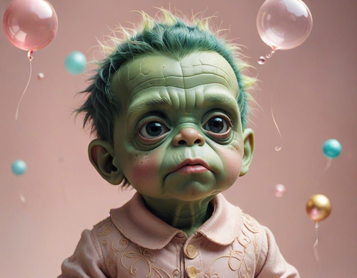 Whimsical Baby Frankenstein Blows a Bubblegum Bubble in a Dr...