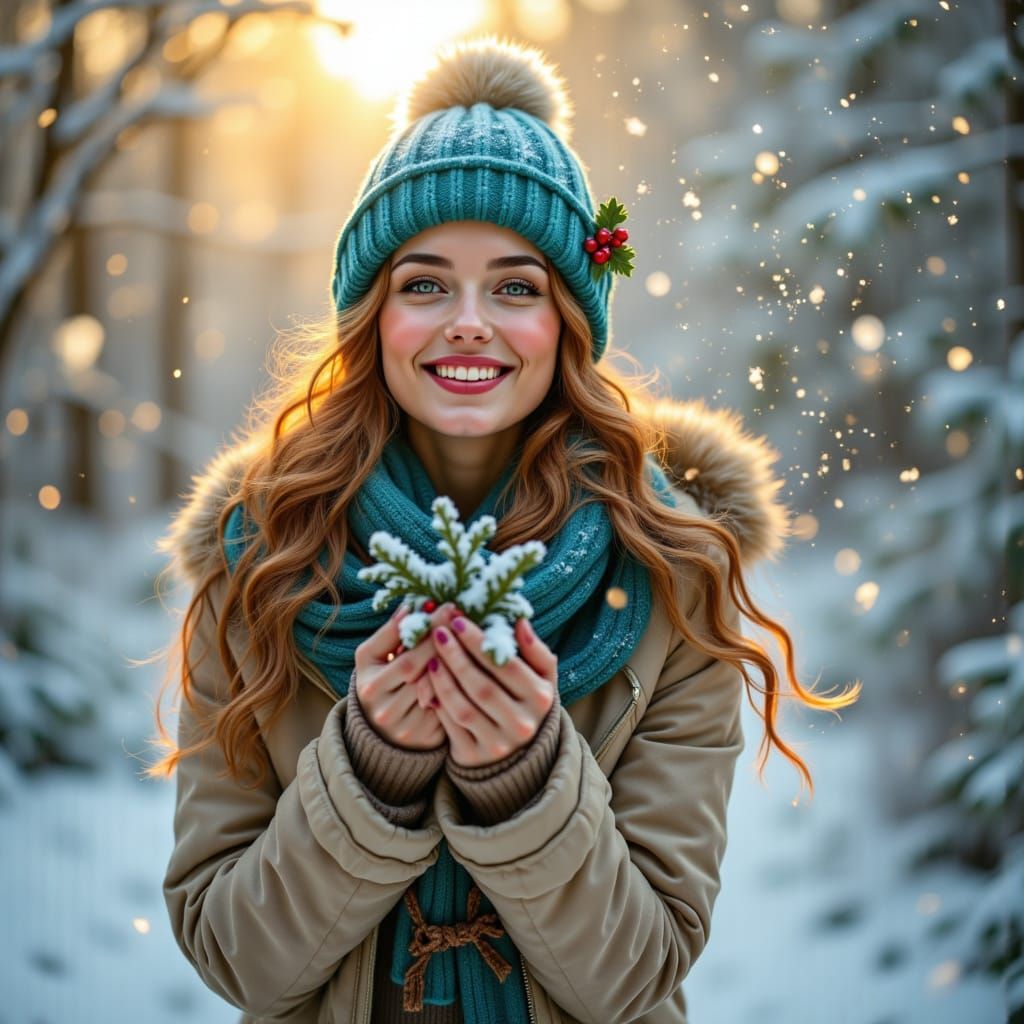 Smiling Woman in Snowy Garden, Impressionist Oil Painting