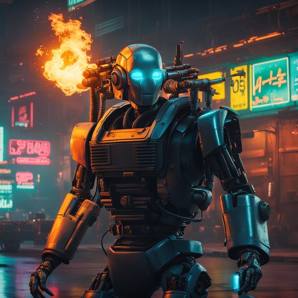 Cyberpunk Robot Wielding a Flamethrower in Neon City
