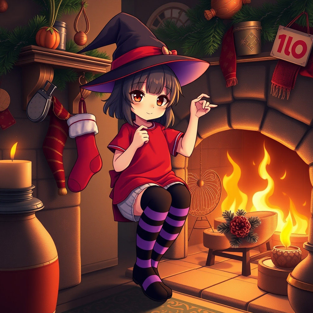 Anime Witch Girl in Cozy Christmas Scene