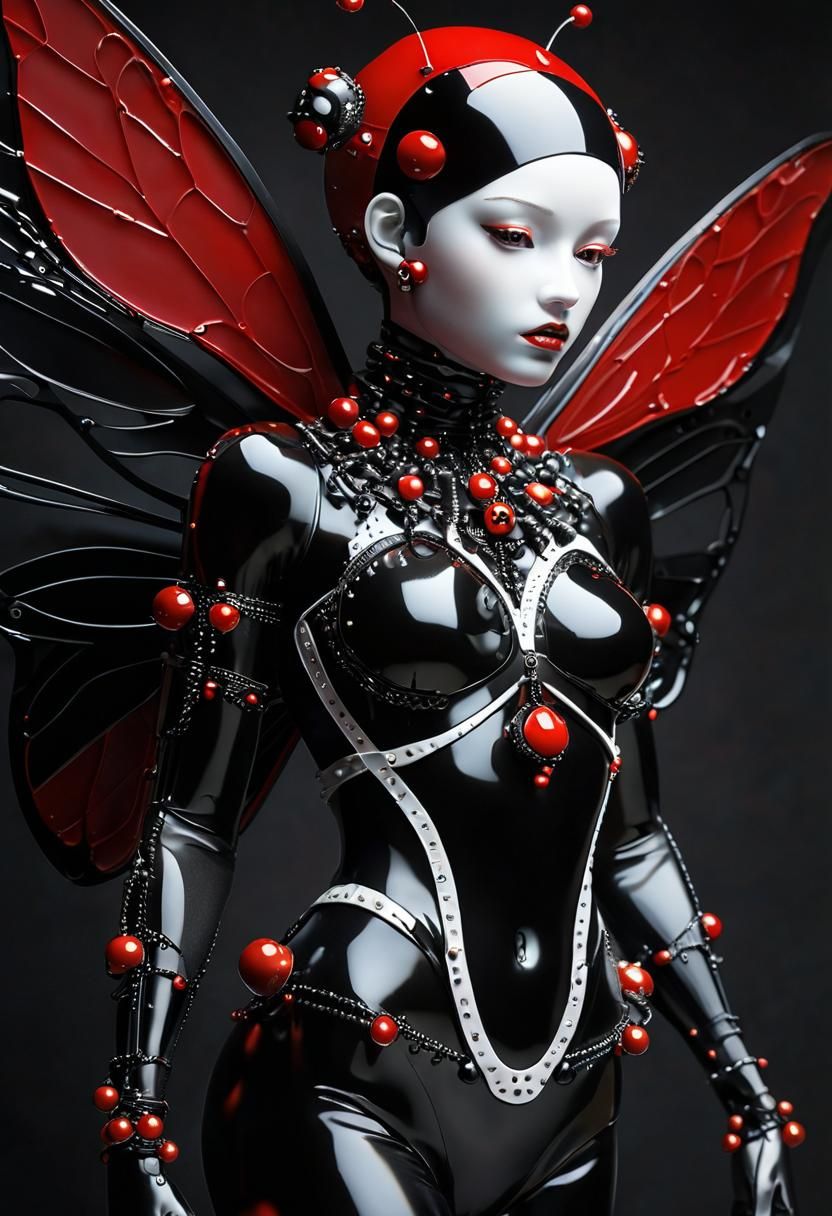 "A futuristic composition depicting a hybrid of a human and a ladybug. The figure is dressed in a sleek black bodysuit w...