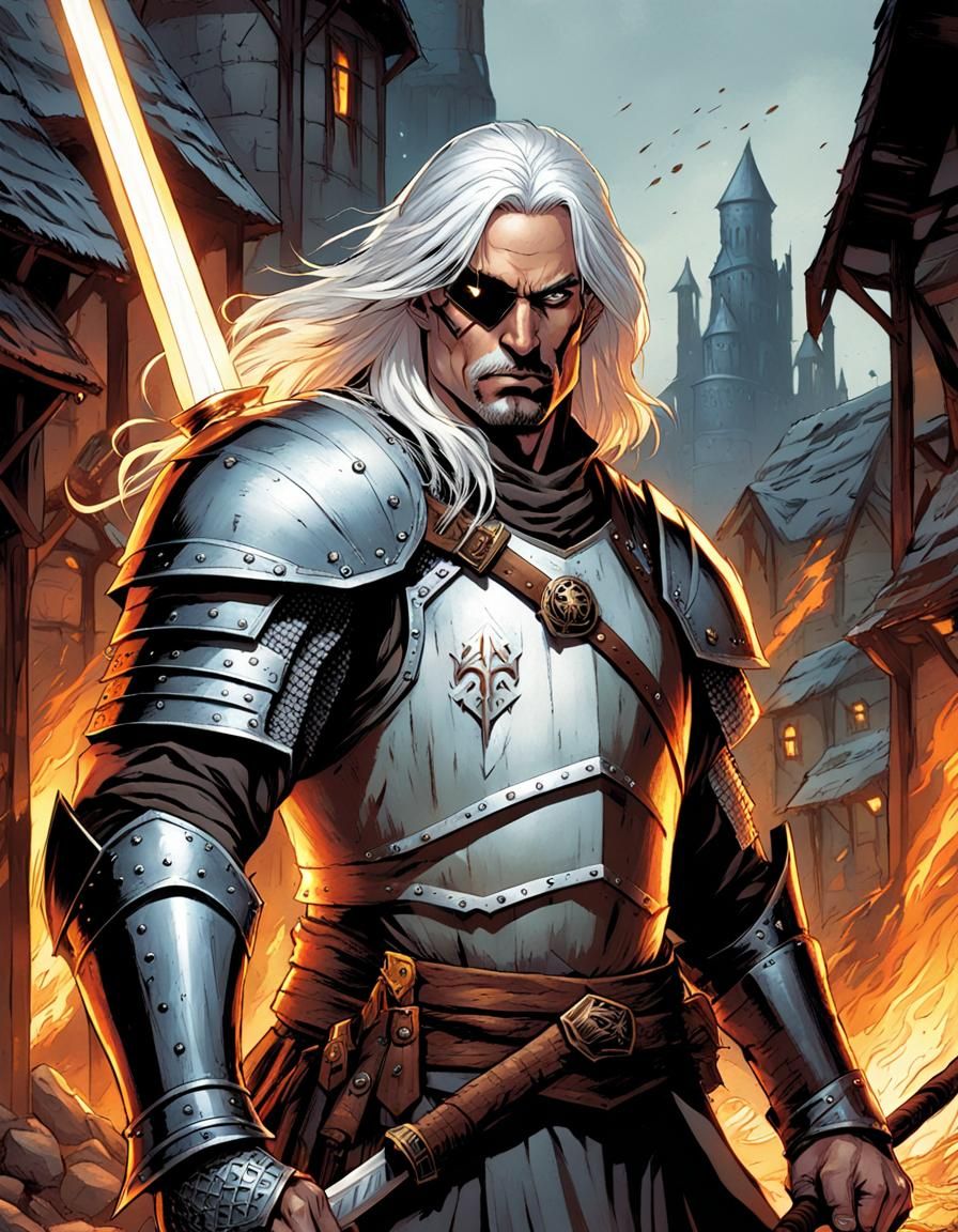 Fantasy Warrior with Fiery Sword in Comic Book Art