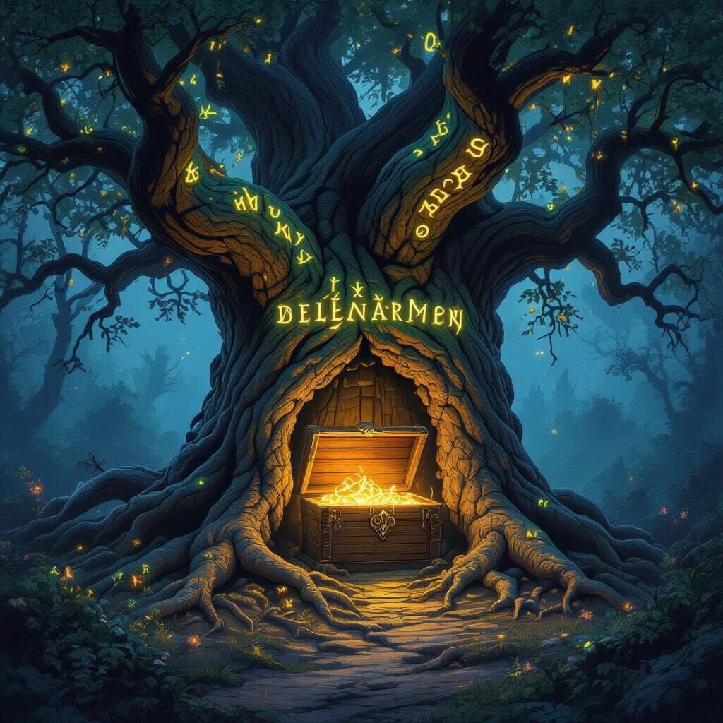 Ancient Oak Tree with Runes in Dark Fantasy
