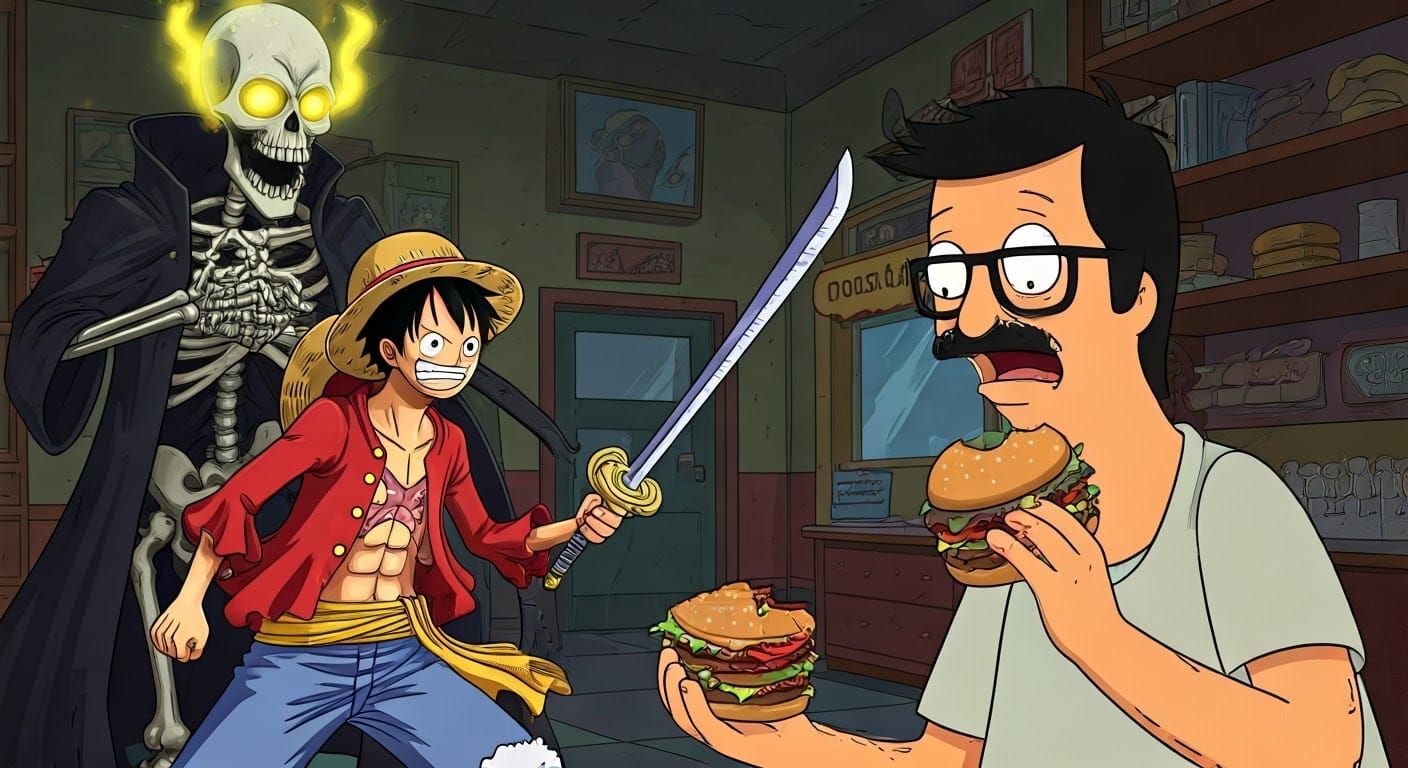 Luffy Battles Skeleton Warrior at Bob's Burgers