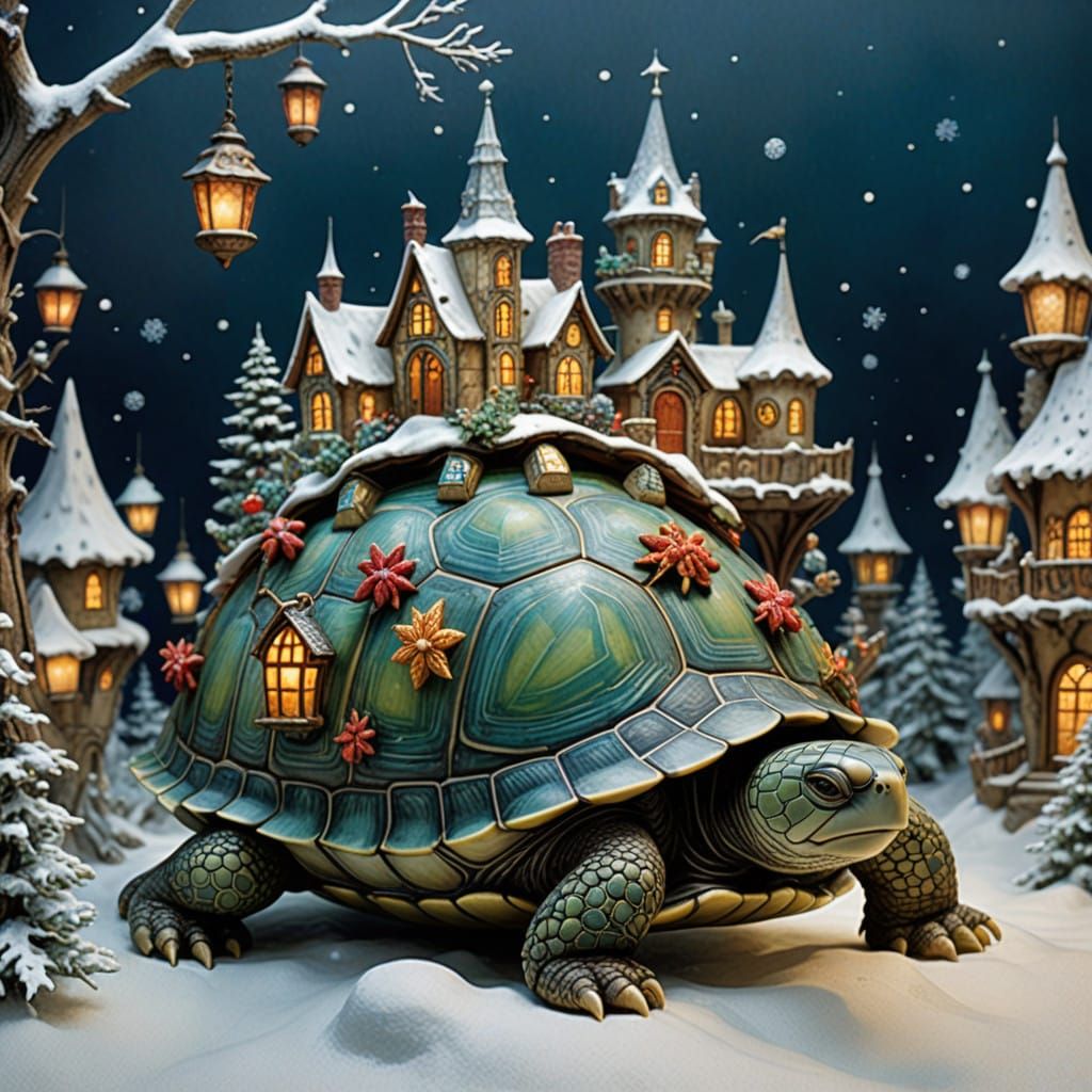 Whimsical Turtle in Festive Christmas Village