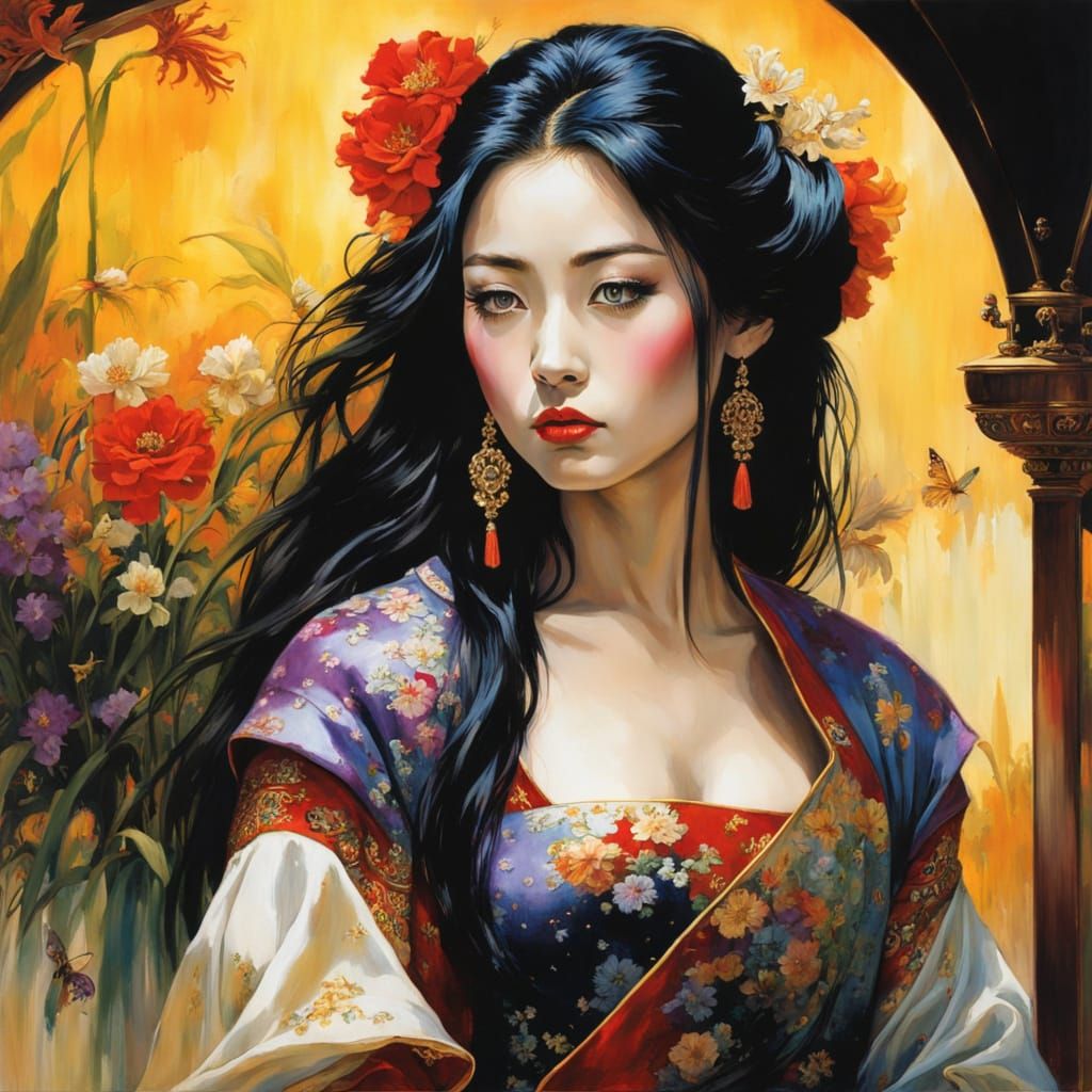 Enigmatic Geisha Amidst Celestial Dreams