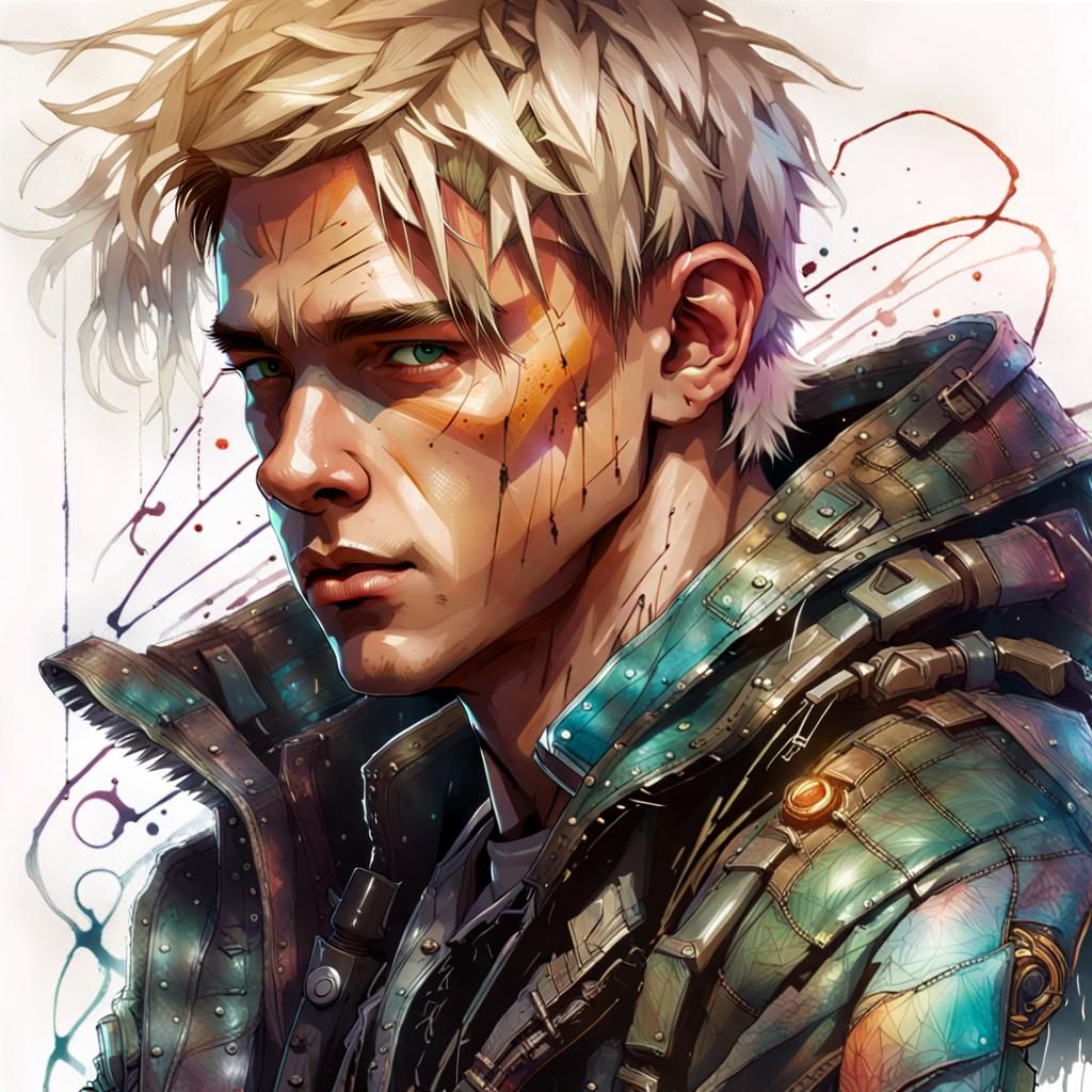 Cyberpunk Portrait of Blond Man in Leather Jacket