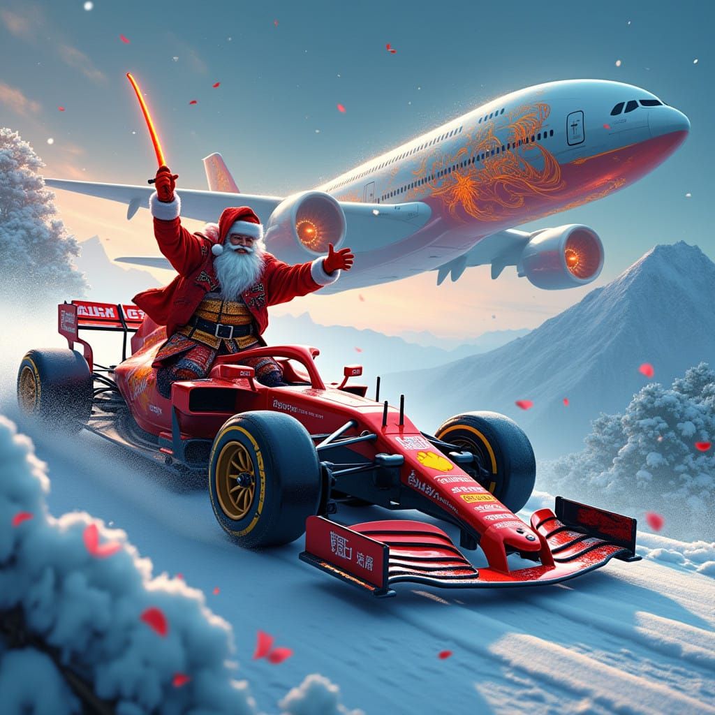 Samurai Santa Speeds Down Snowy Mountain Track with Katana a...