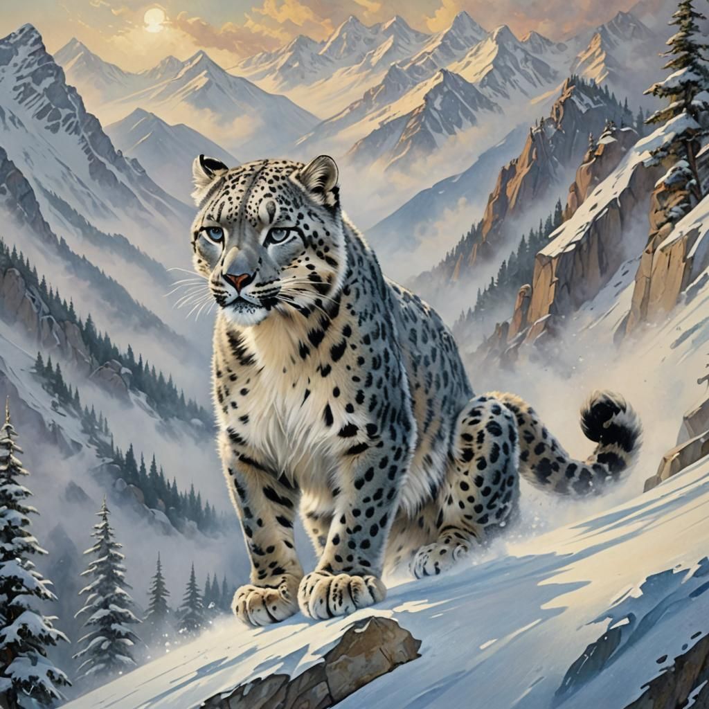 Snow Leopard Skis Down Misty Mountain in Gouache