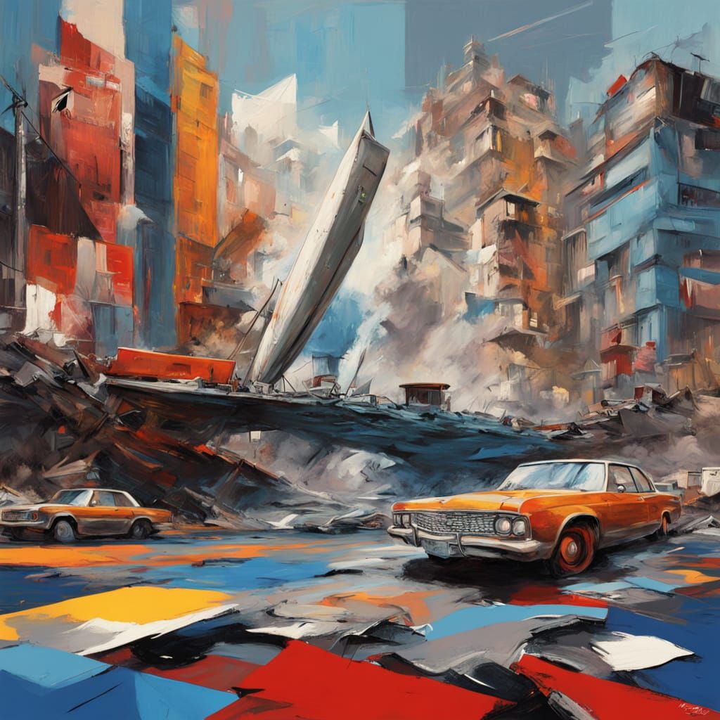 Abstract Chevy Painting with Expressionist Collage Backgroun...