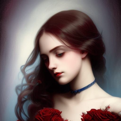 Gothic Victorian Portrait of Sad Woman with Roses