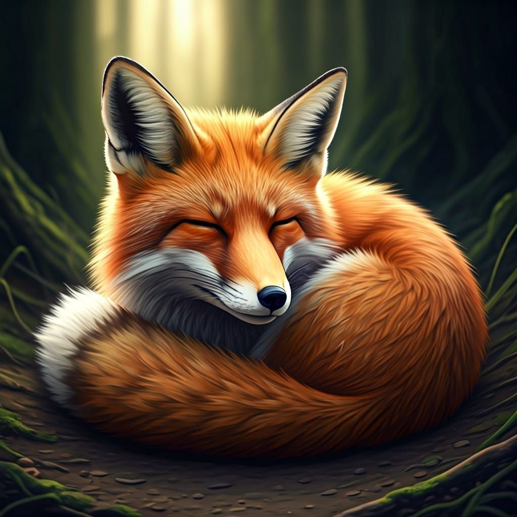 Fox Asleep in Forest Clearing: Digital Painting