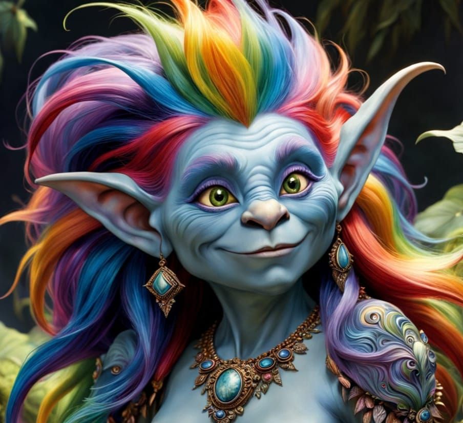 Vibrant rainbow-haired wise troll