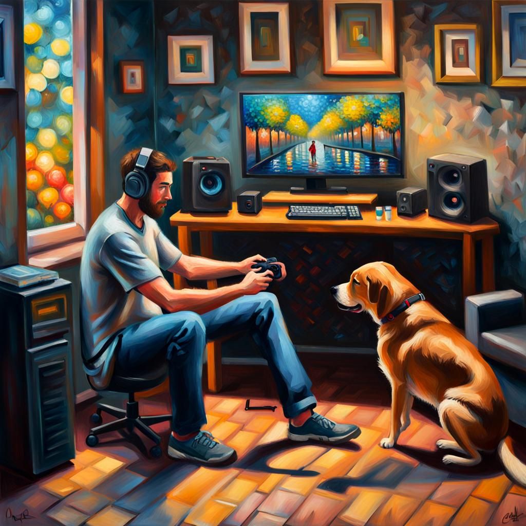 Gamer and Dog: Expressionist Oil Painting