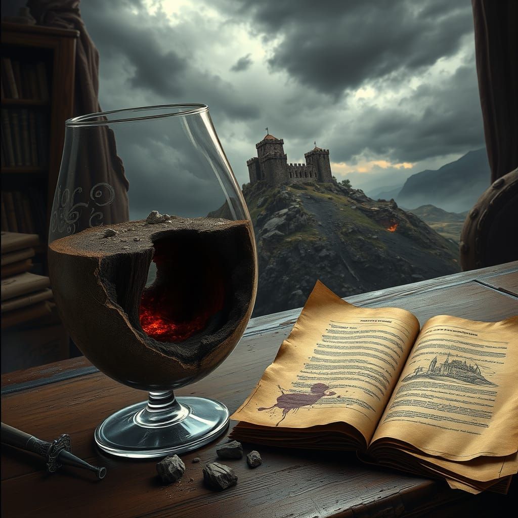 Weathered Wine Glass with Medieval Fortress in a Dusty Antiq...