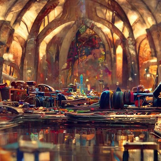 Steampunk Library with Clockwork Machines, Digital Art