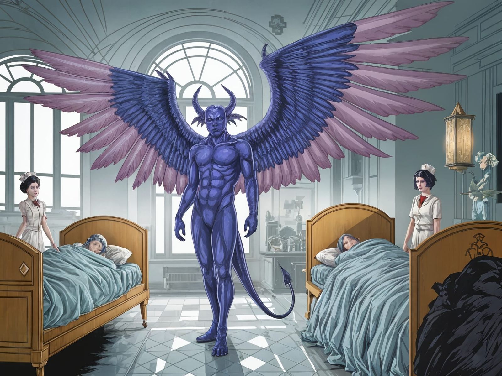 A Winged Blue Demon Roams an Art Deco Plague Hospital