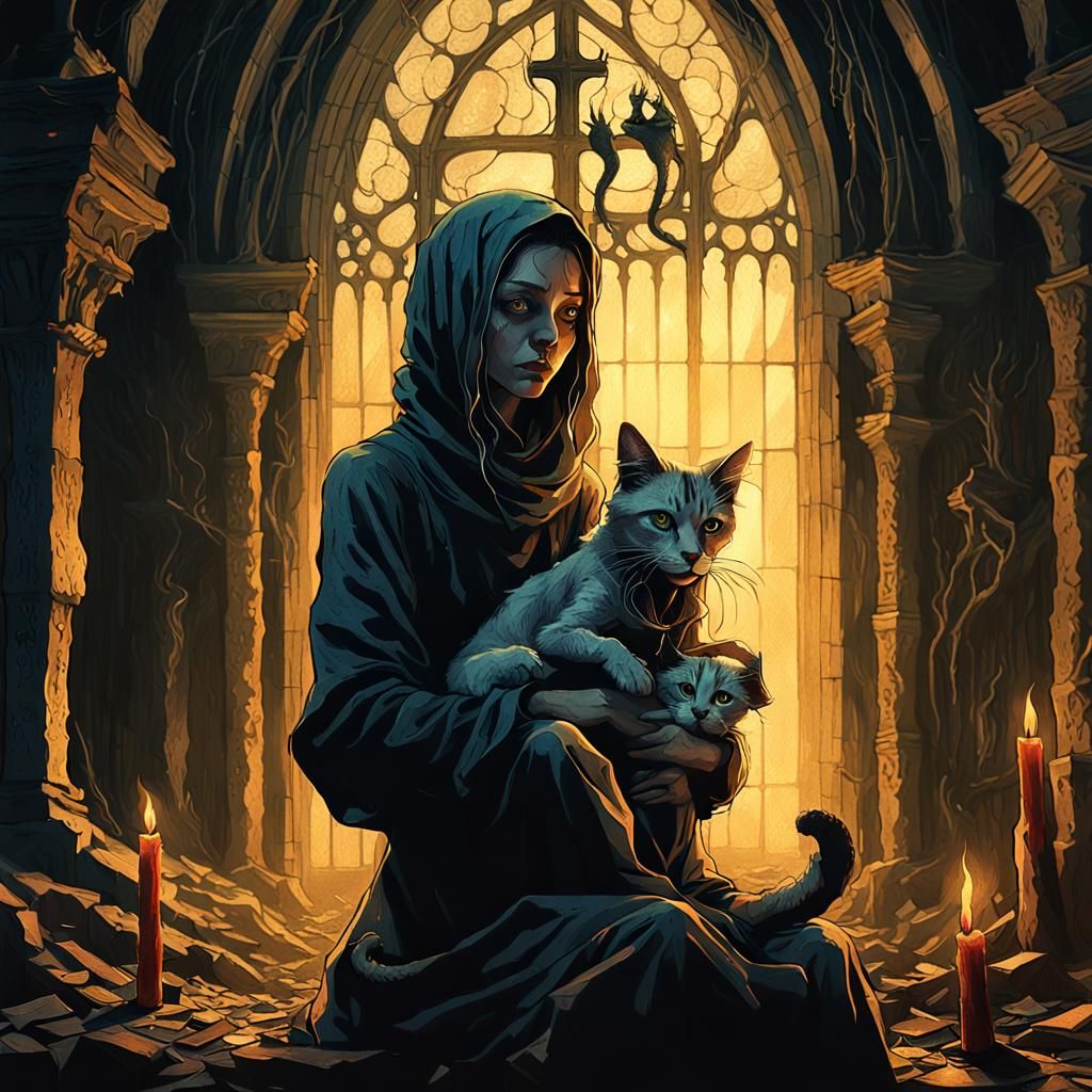 nightmarish goon hag girl  with her deformed cat -1 :: large...