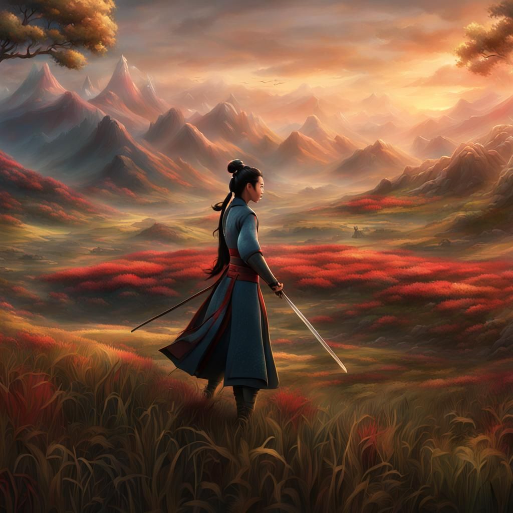 Mulan with Sword in Field: Digital Matte Painting