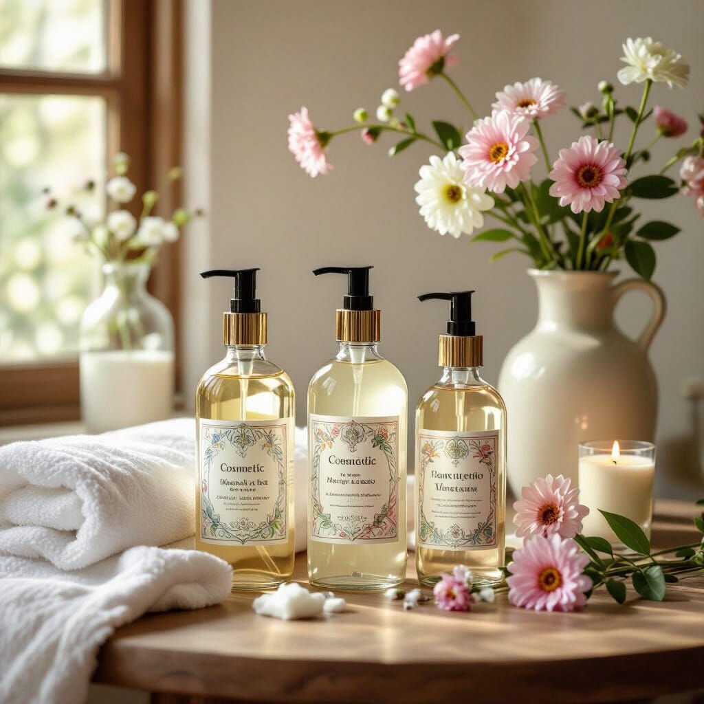 Cosmetic Products with Flowers on Table, Art Nouveau Style