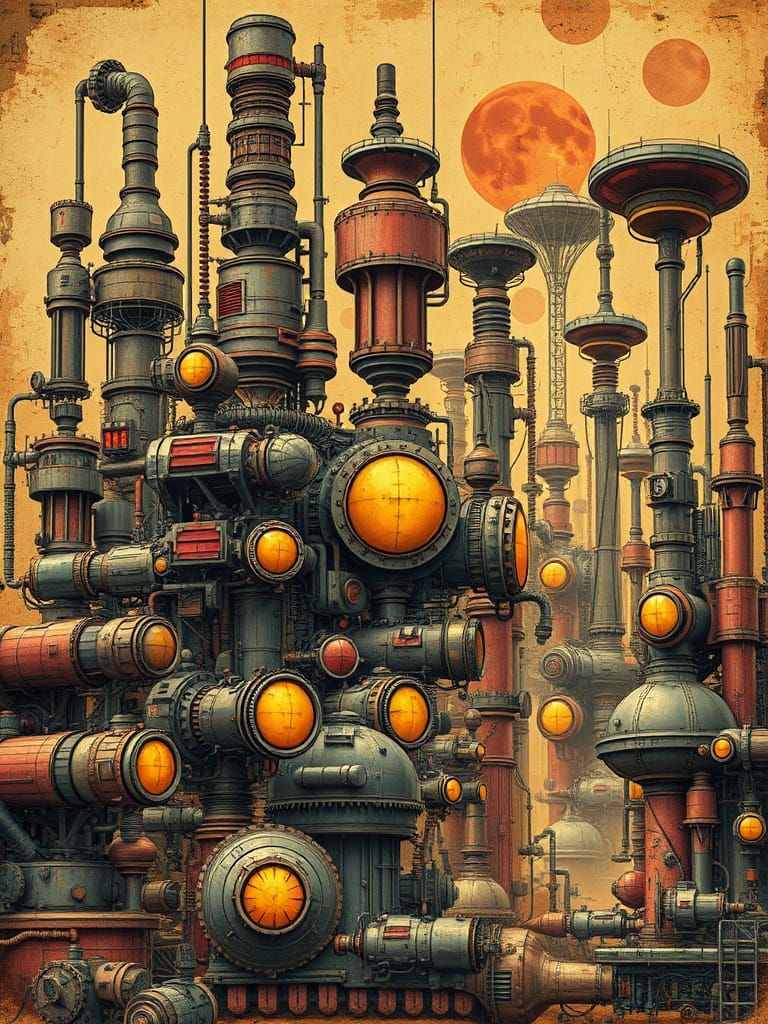 A mosaic of pulpy sci-fi tropes; retro pulp science fiction aesthetic