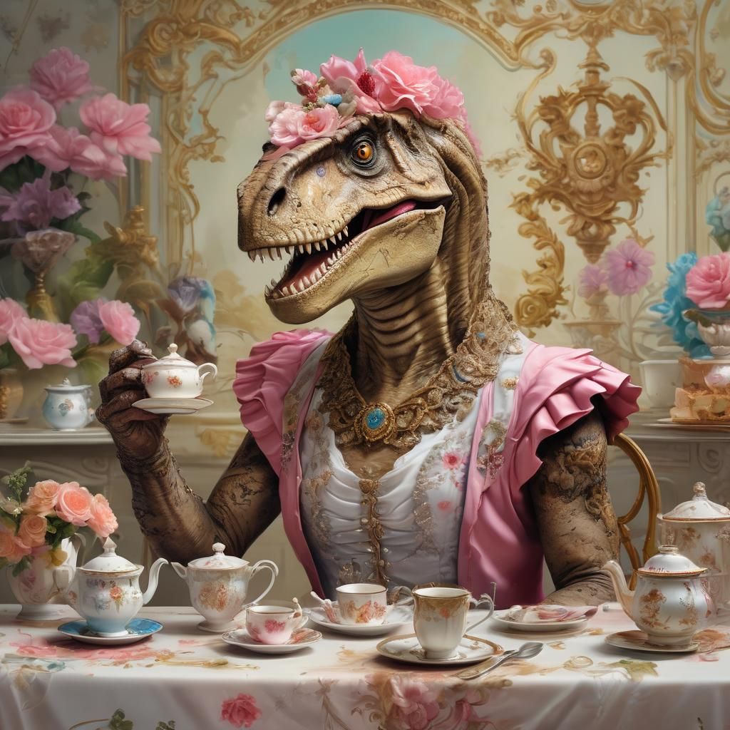 T-Rex in Rococo Dress at Tea Party