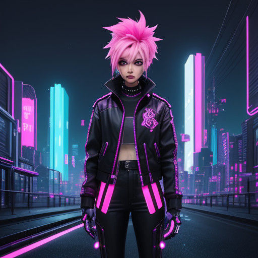Futuristic Pink Robot Punk Rocker in Neon Noir Cityscape